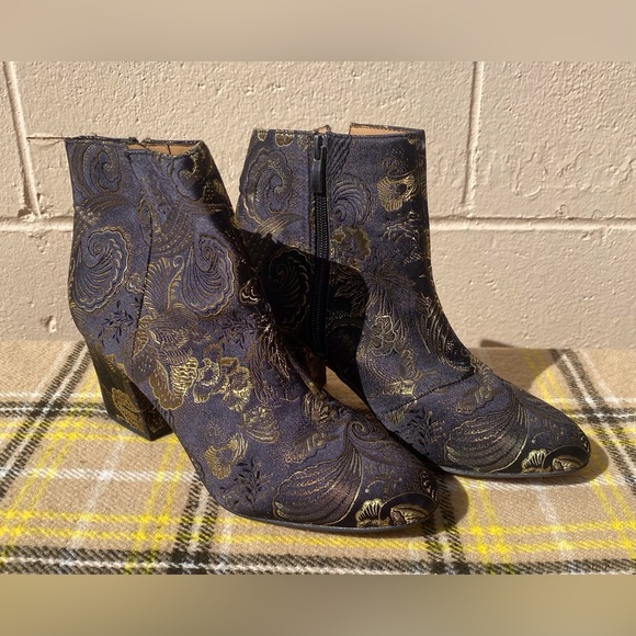 Franco Sarto Olympia Black and Gold Asian Inspired Embroidered Ankle Booties - Picture 4 of 9